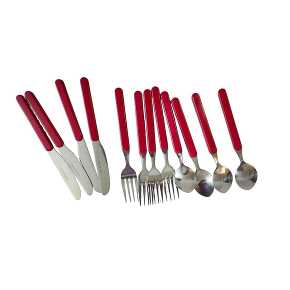 Picnic Time Stainless Red Handle 12 in lot Set for 4 Spoons Knife Forks - Picture 3 of 4